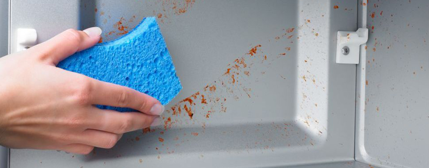 Person using a sponge to wipe down microwave Person using a sponge to wipe down microwave