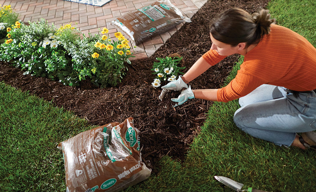 A person plants flowers in a flower bed.