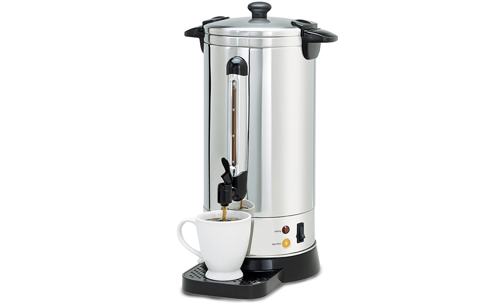 A stainless steel oversized coffeemaker.