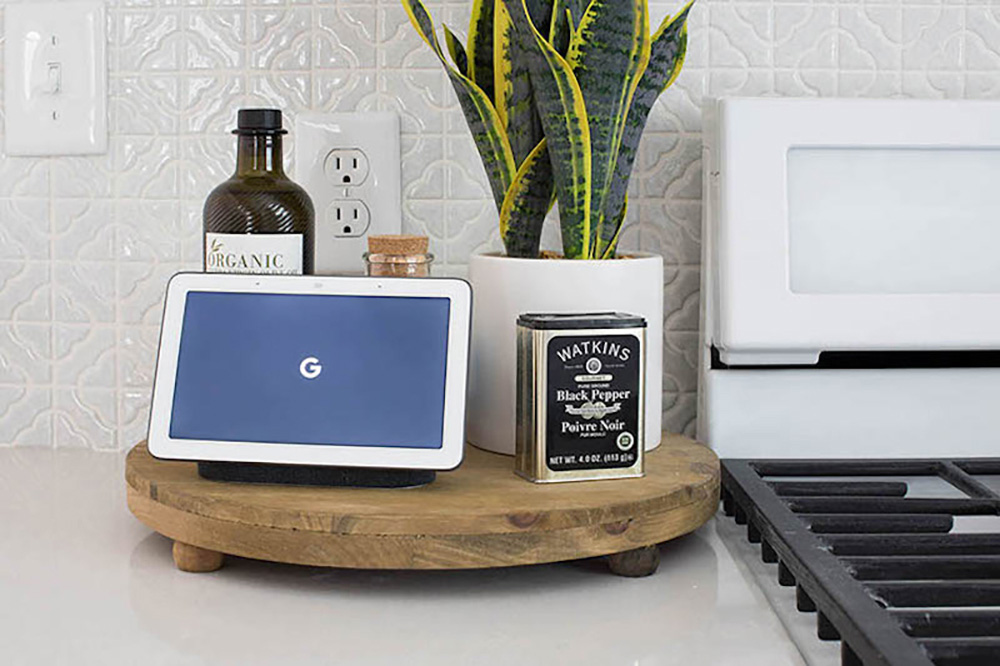 Google Hub and kitchen decor on countertop 