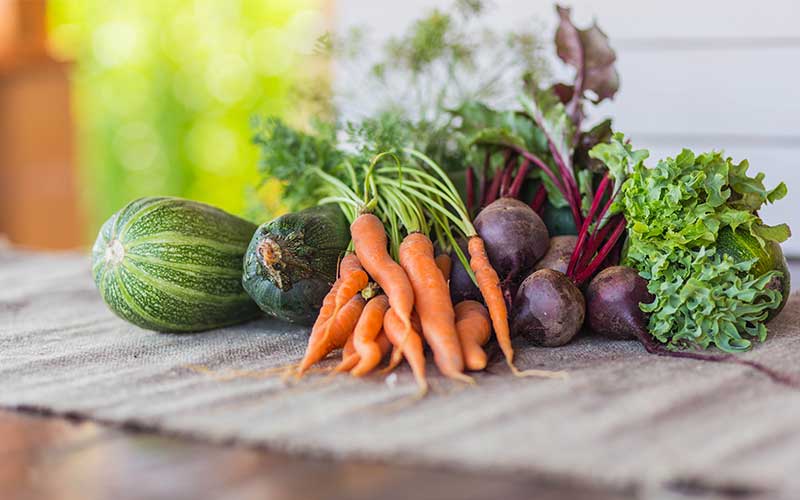 Carrots, beets, squash and greens lay on an outdoor table.