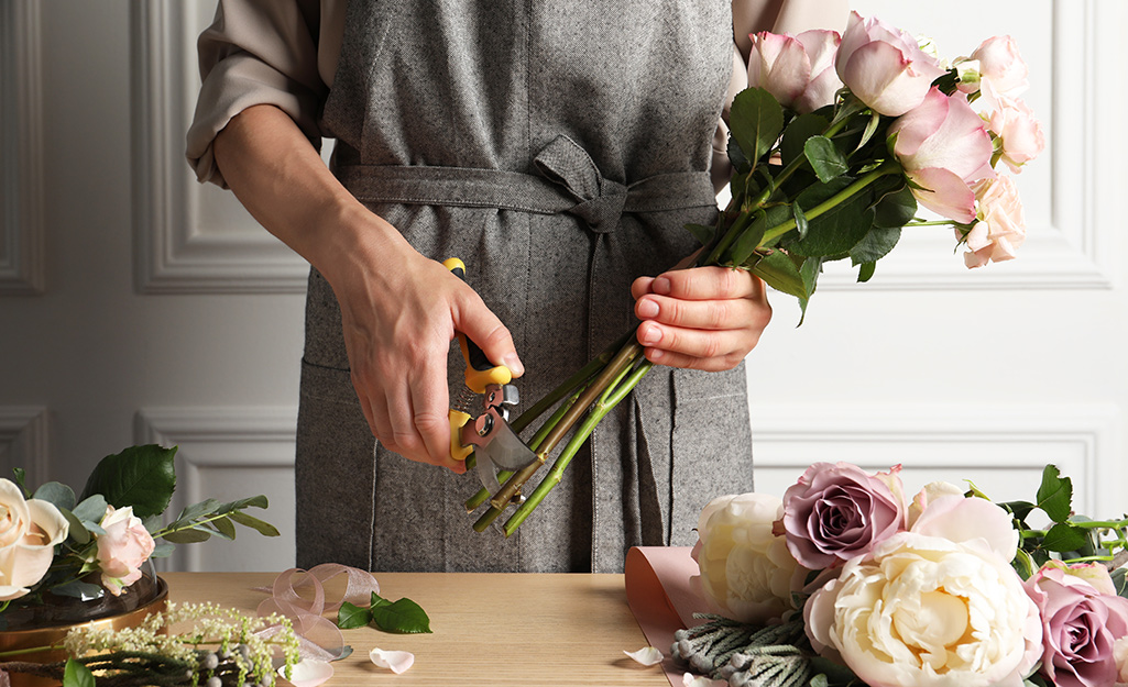 A person holding five light pink roses uses pruning snips to cut the end of the stems on a diagonal.