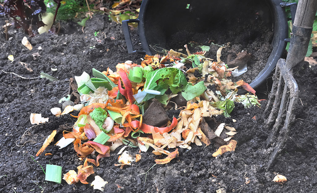 A pile of compost in a garden.