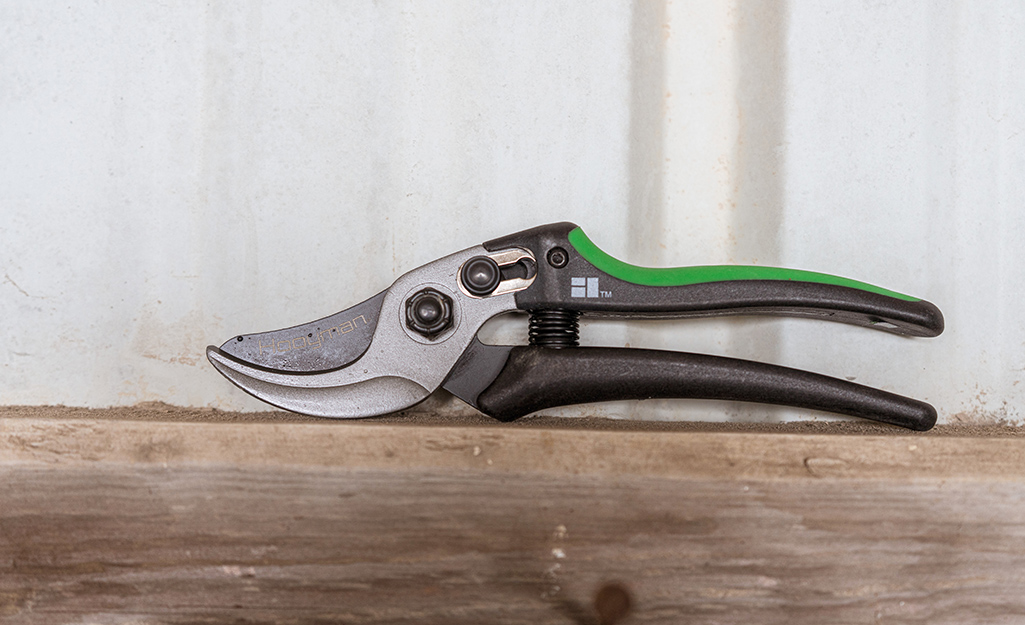 Quality pruning shears propped on top of a wood beam.