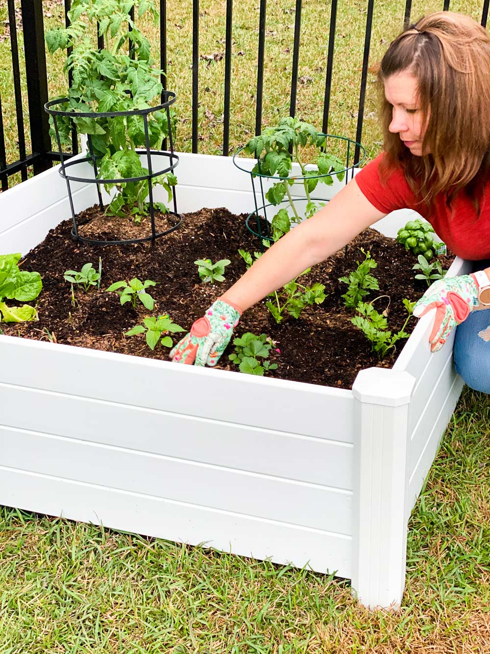 Woman plutting plants into a raised garden bed.