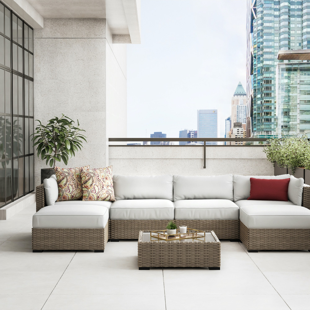 A commercial patio with outdoor furniture.