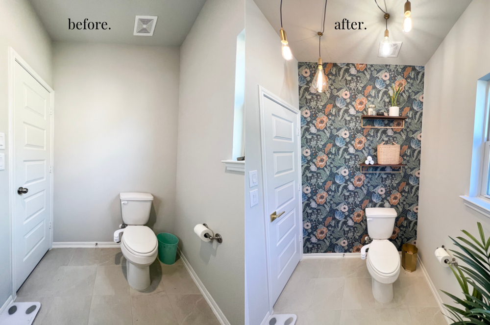 A before and after shot of a bathroom without wallpaper and then with wallpaper.