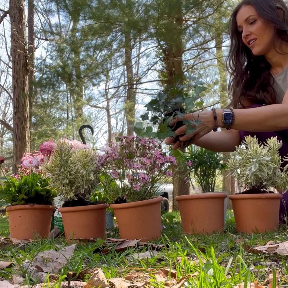A woman adding plants to small pots.
