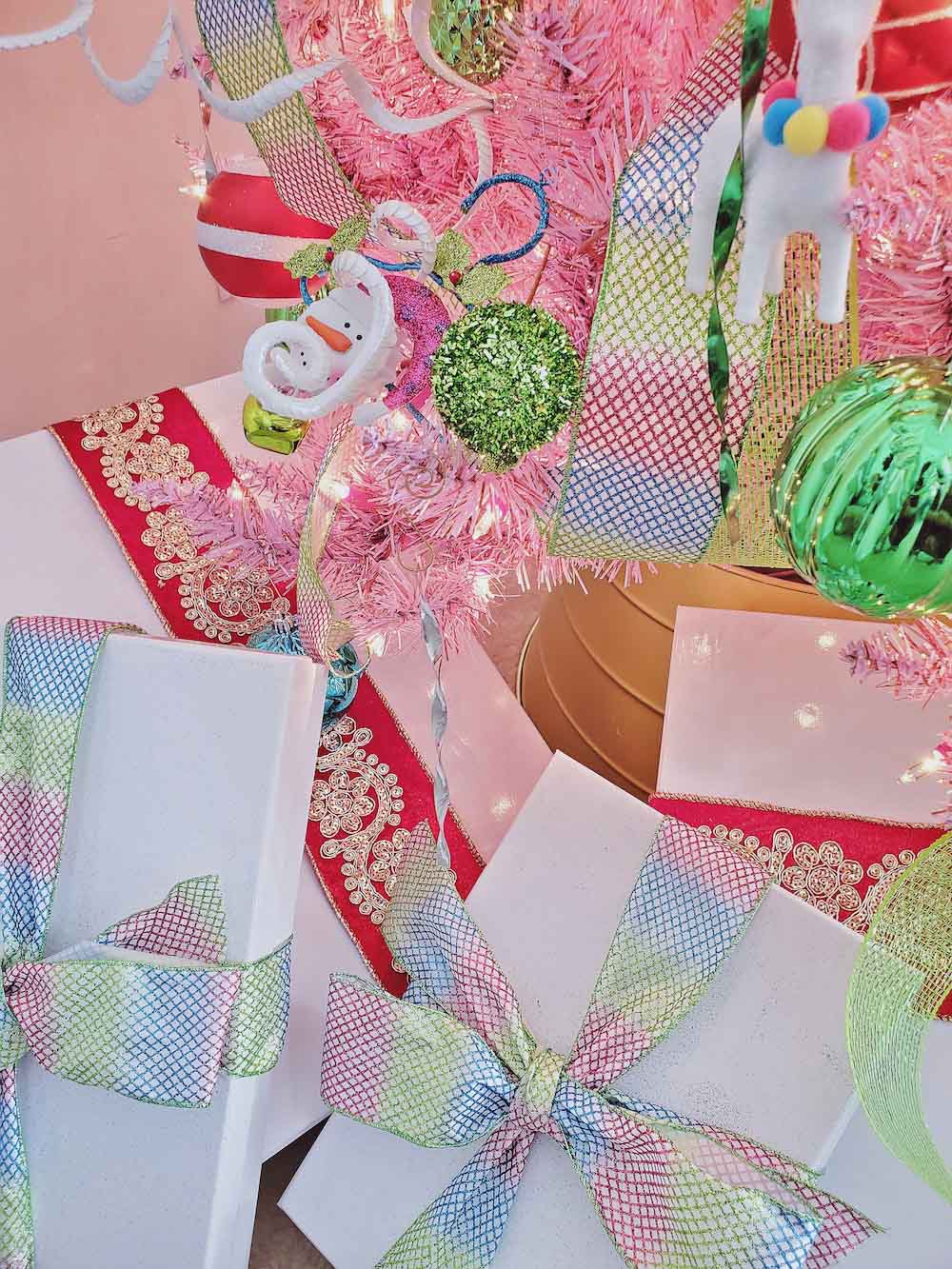 Close up shot of colorful gift boxes and tree ornaments