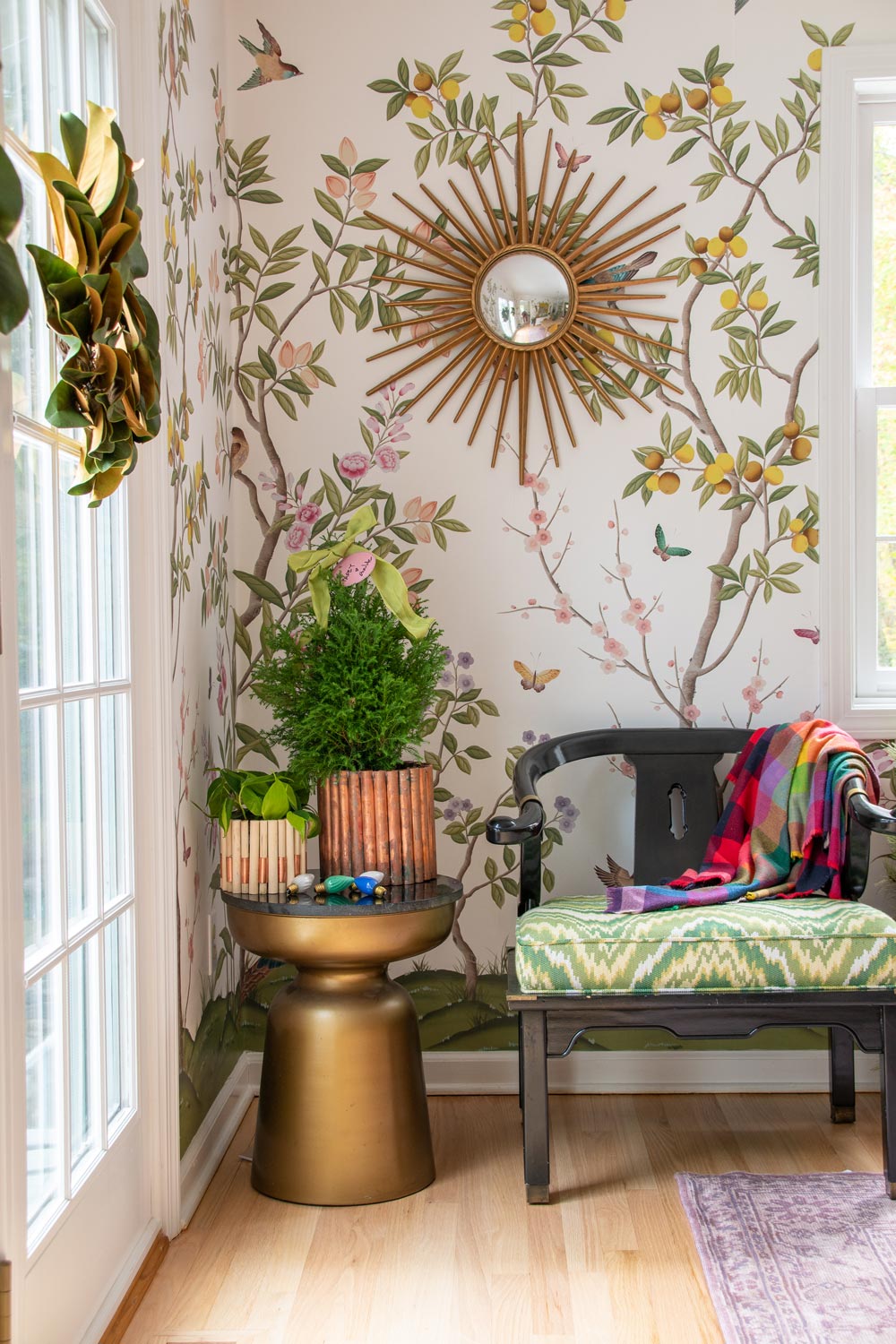 DIY Copper and Wooden Planters shown in a house with a chair and french doors.