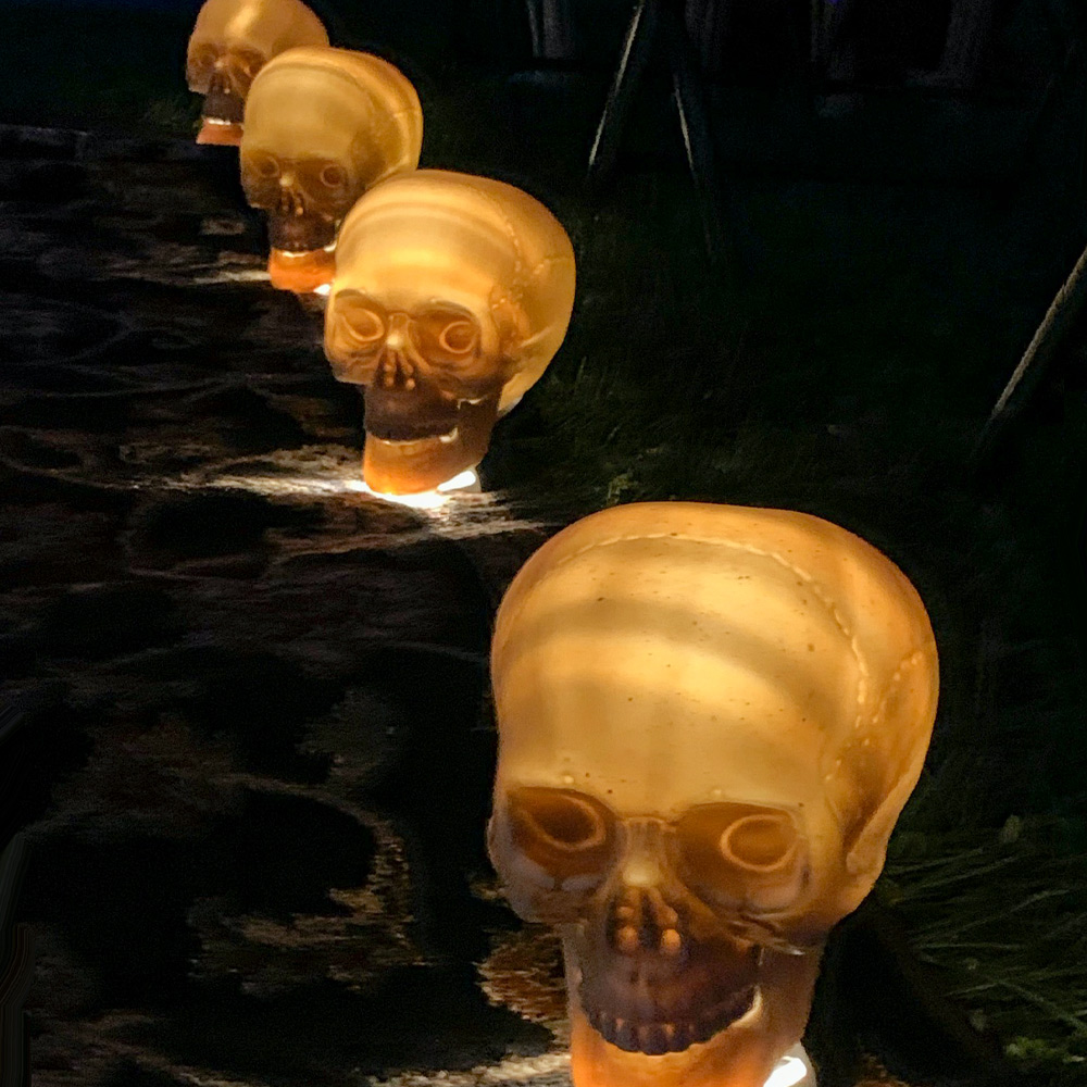 Lighted skulls lined down pathway.
