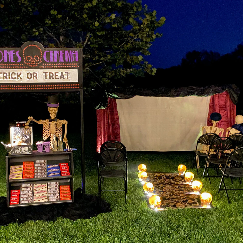 Custom Halloween concession stand and movie screen.