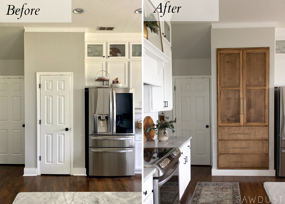 Before and after side by side shot of a kitchen pantry 