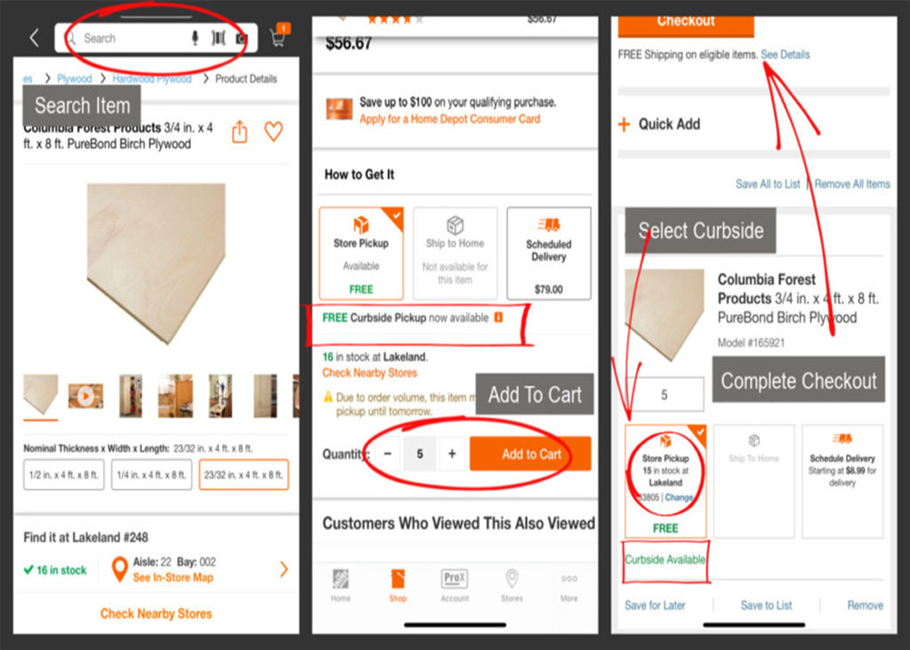 A series of screenshots of someone shopping for plywood in The Home Depot’s mobile app