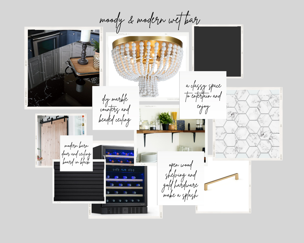 Wet bar design collage featuring white chandelier, marble tile, farmhouse door, wooden shelf and more.