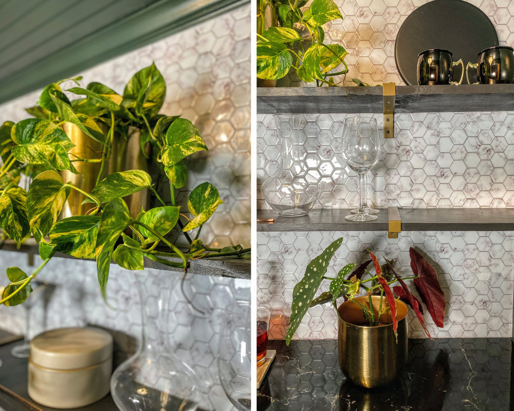 Wooden shelves with gold brackets featuring plants Moscow mule mugs