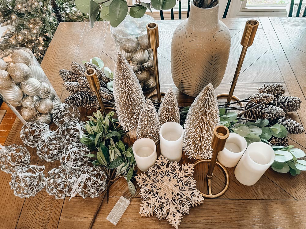 Christmas decorations on a dining room table.