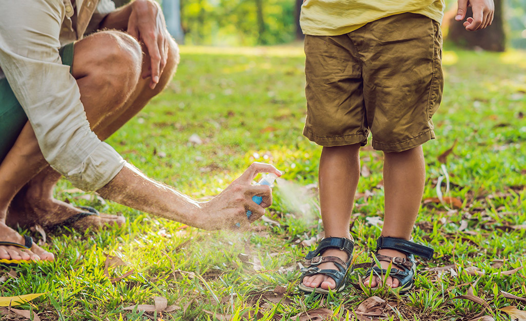 Parent spraying child's legs outside.