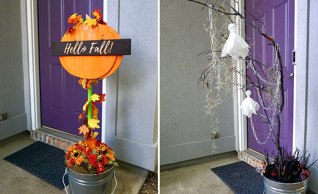 An image of a fall topiary and a spooky topiary. An image of a fall topiary and a spooky topiary.