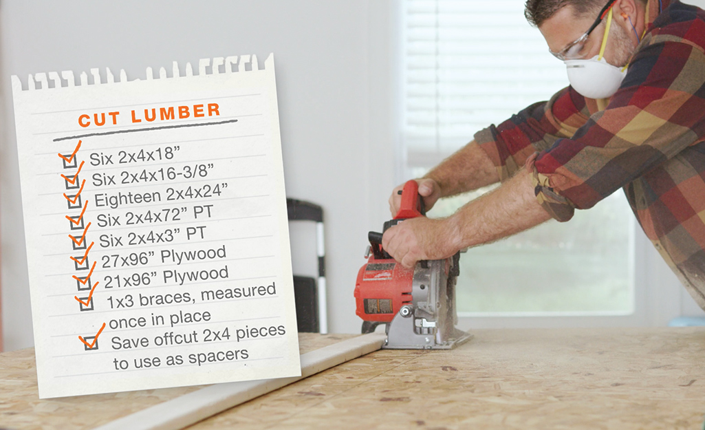 Man cutting lumber and a list of what to cut.