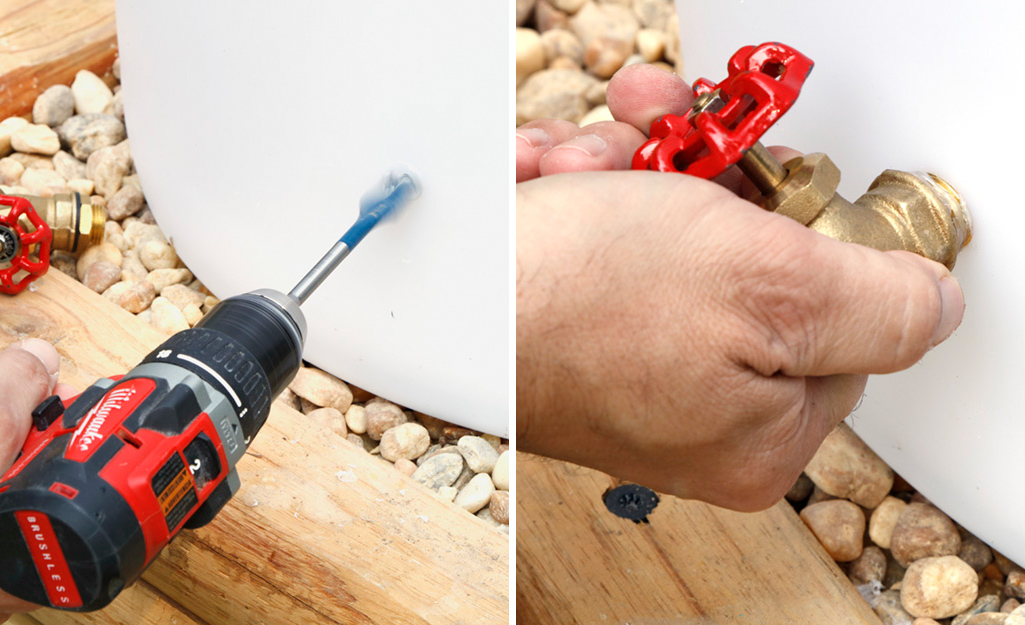 A person drilling a hole in a rain barrel and attaching a spigot.