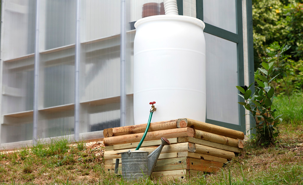 An installed rain barrel with a hose feeding water to a watering can.