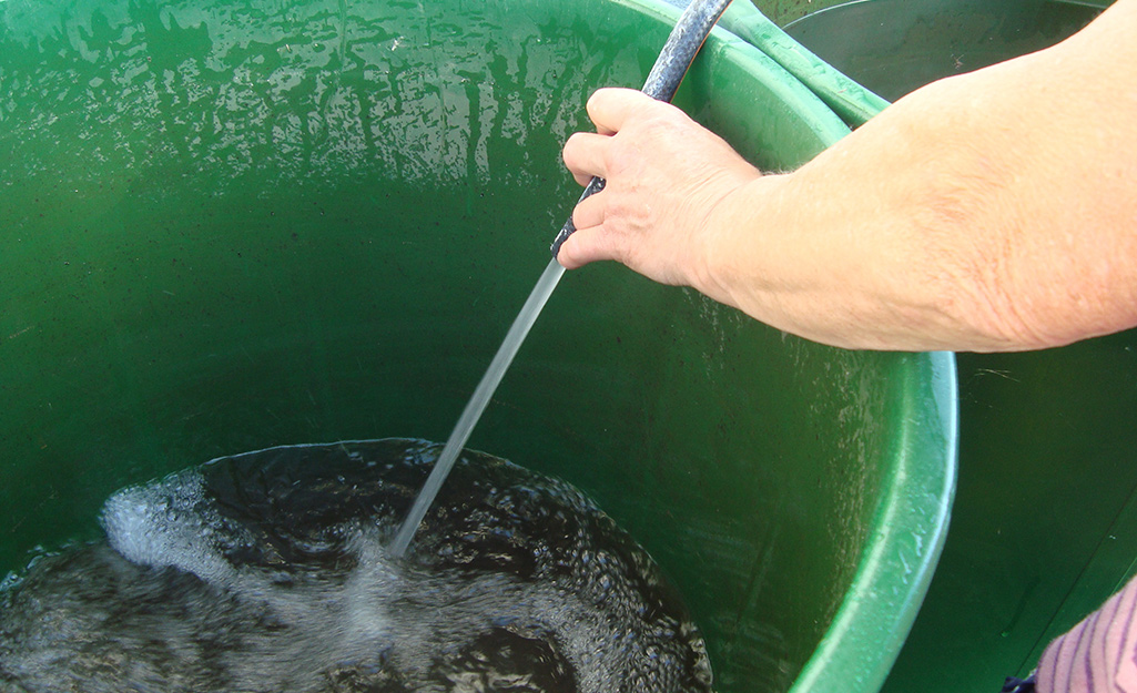 A person cleaning a rain barrel.