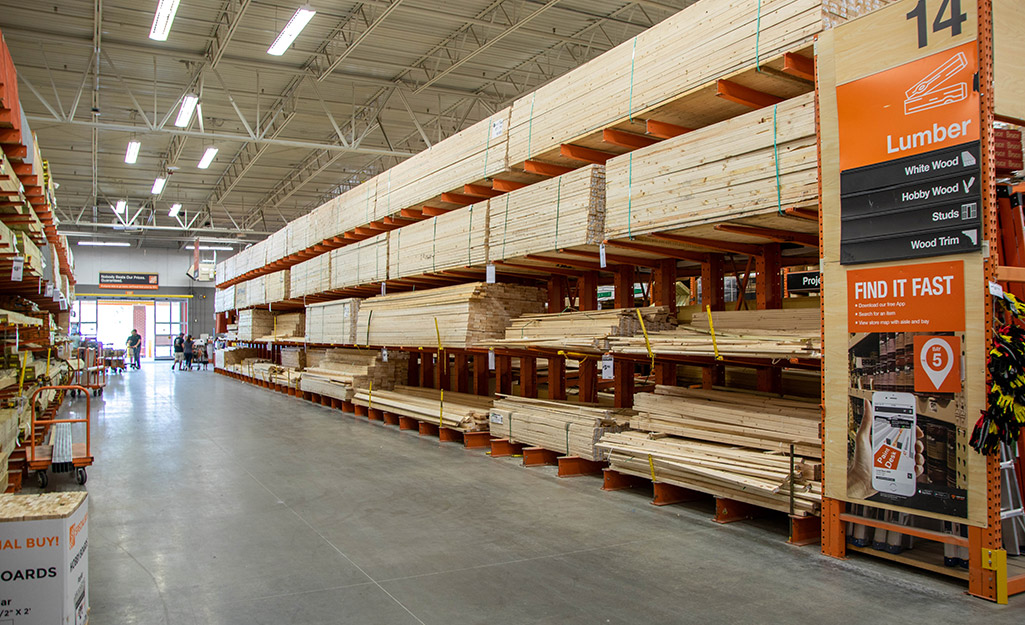 The lumber aisle at The Home Depot.