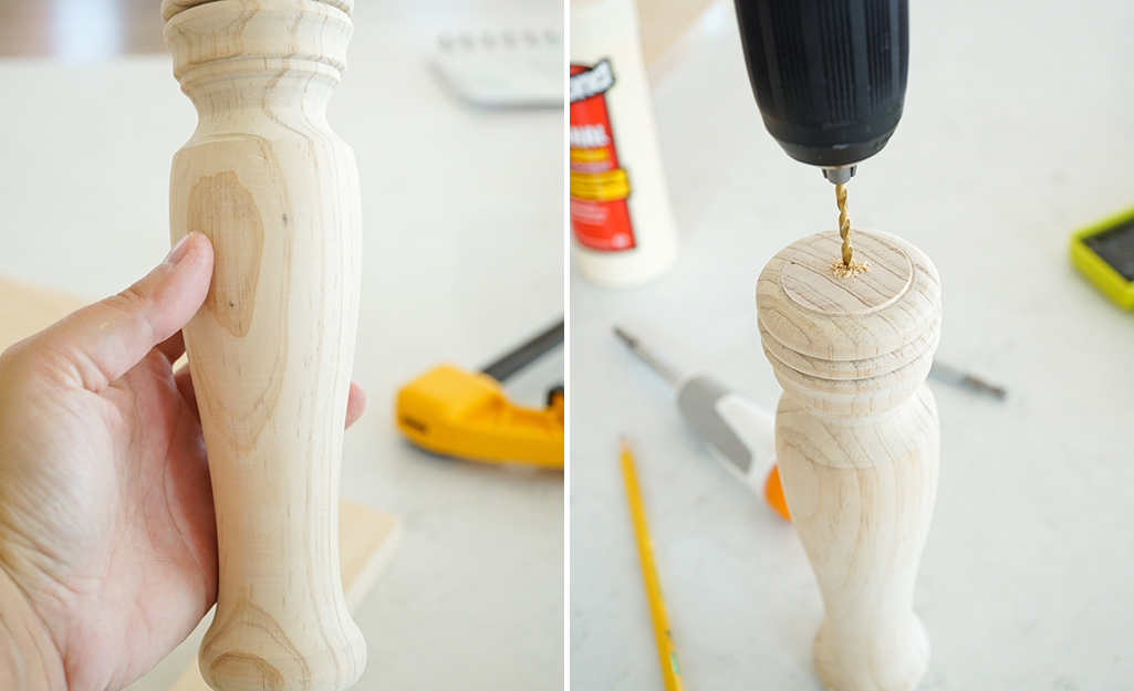 Person drills into the wood leg. Person drills into the wood leg.