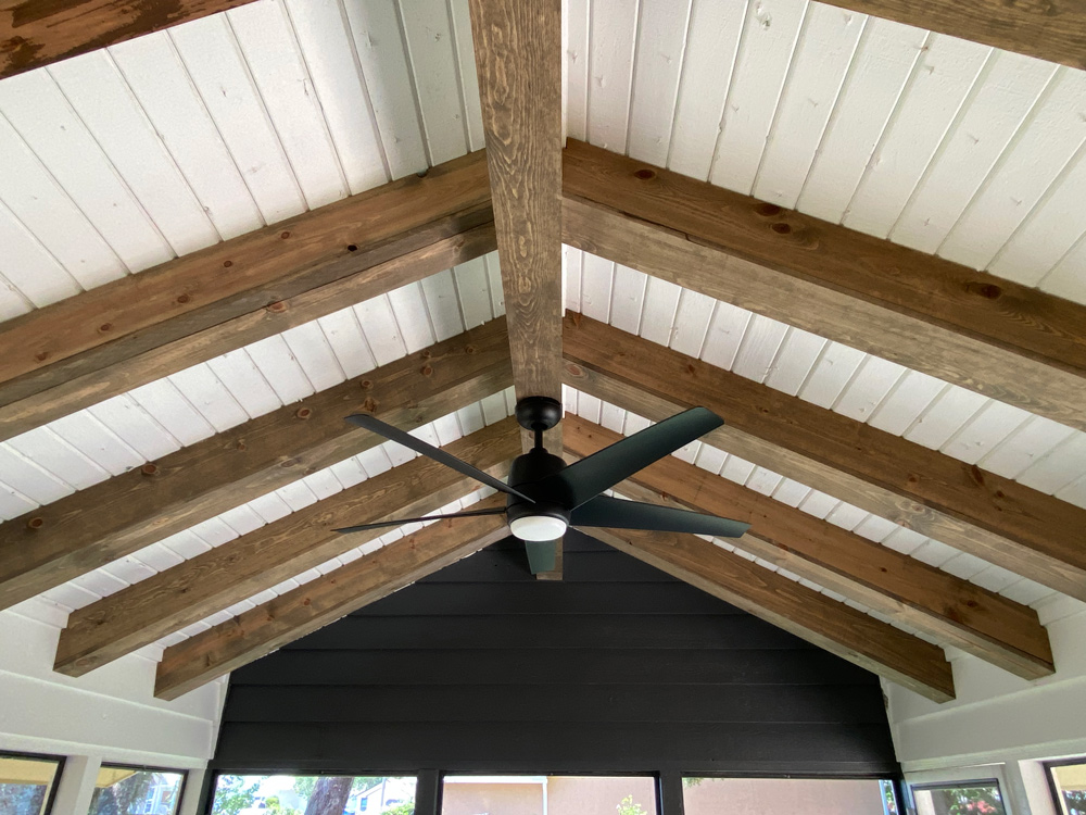 A completed shot of the ceiling with the newly installed beams. 