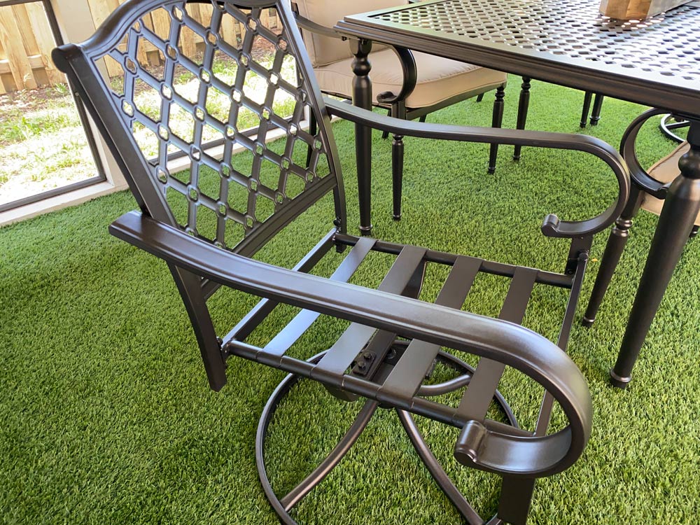 An assembled patio chair frame. An assembled patio chair frame.