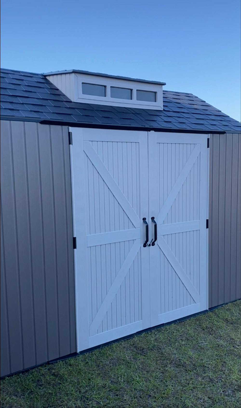A fully assembled outdoor shed. A fully assembled outdoor shed.
