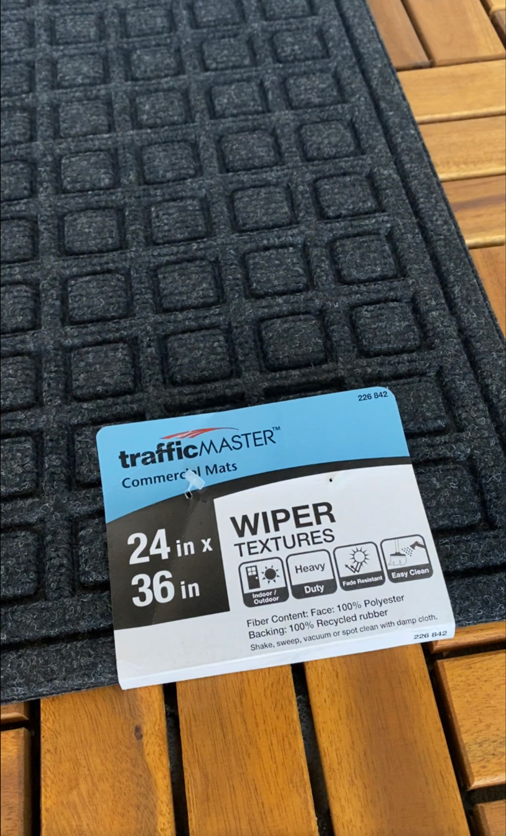 A close-up of a Traffic Master rubber floor mat. A close-up of a Traffic Master rubber floor mat.