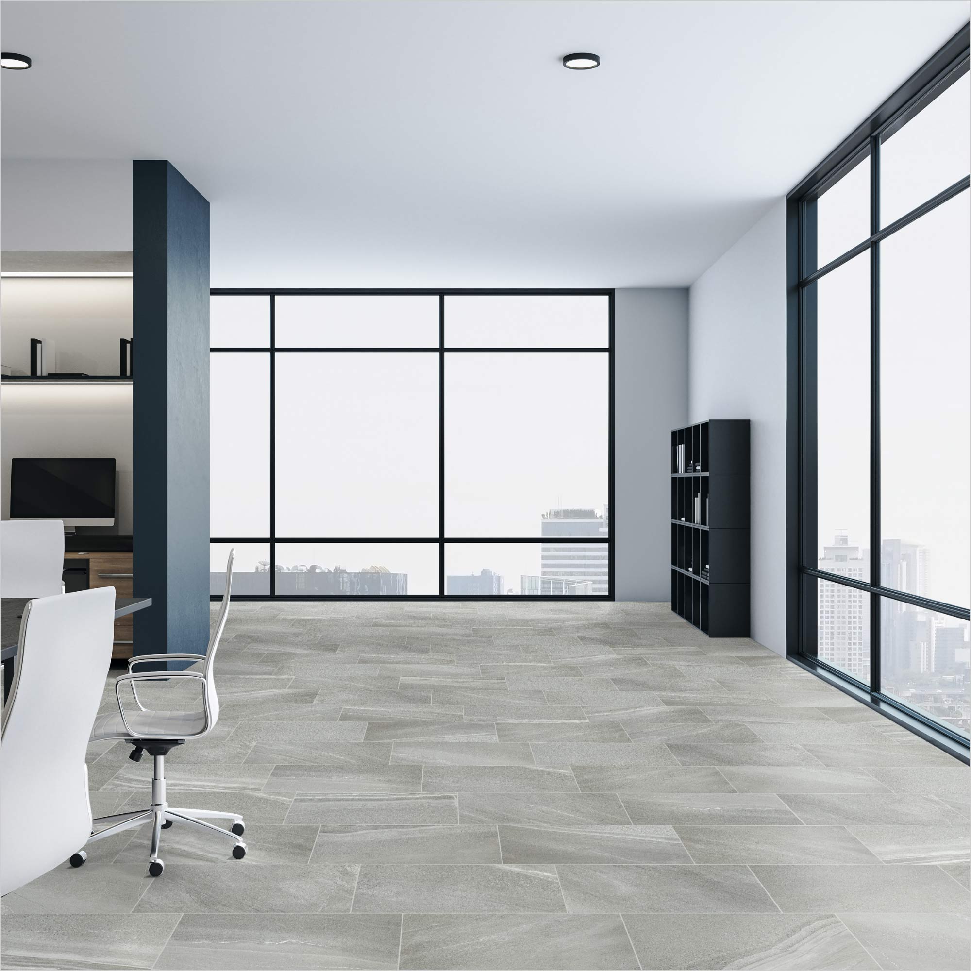 An office with porcelain floor tile.