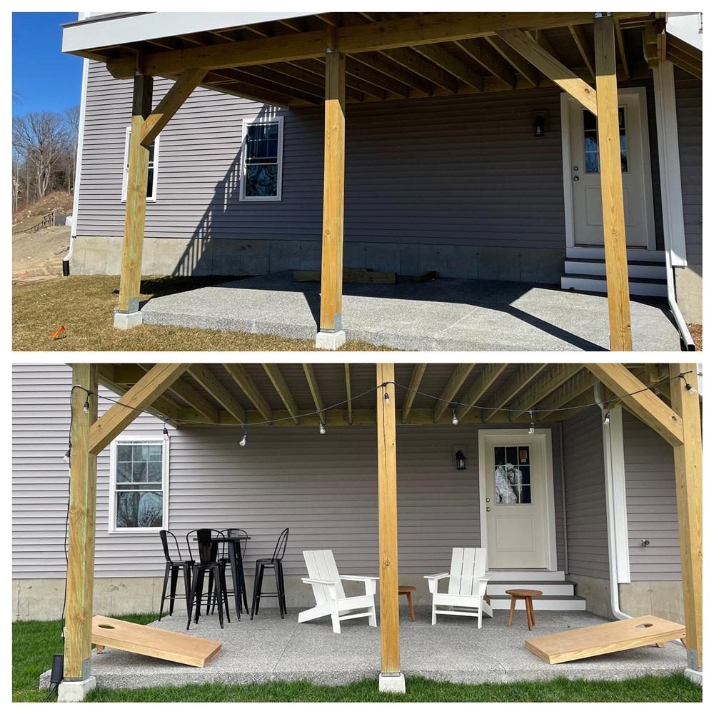 Before and after collage image of a backyard patio