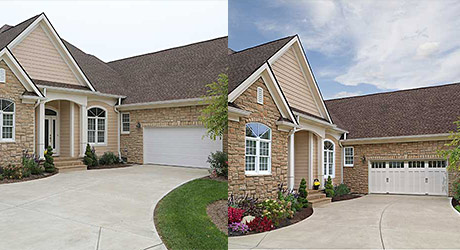 Before and after of a remodeled white classic garage door. Before and after of a remodeled white classic garage door.