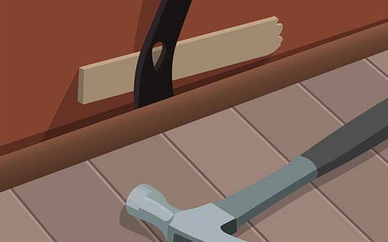 An illustration shows shoe moulding being removed from a floor. An illustration shows shoe moulding being removed from a floor.
