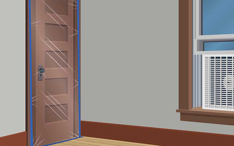 An illustration shows plastic sheeting covering a doorway and a box fan in a window. An illustration shows plastic sheeting covering a doorway and a box fan in a window.
