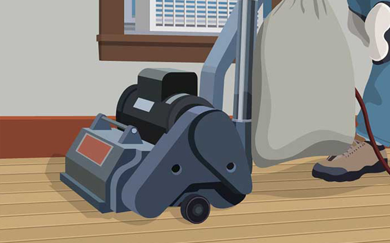 An illustration shows a drum sander being used to sand a hardwood floor. An illustration shows a drum sander being used to sand a hardwood floor.
