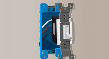 A light switch being wired for line voltage lighting. A light switch being wired for line voltage lighting.