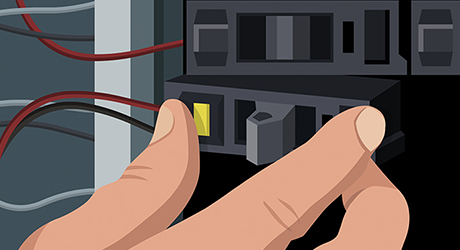 A person turning on power to test line voltage lighting. A person turning on power to test line voltage lighting.