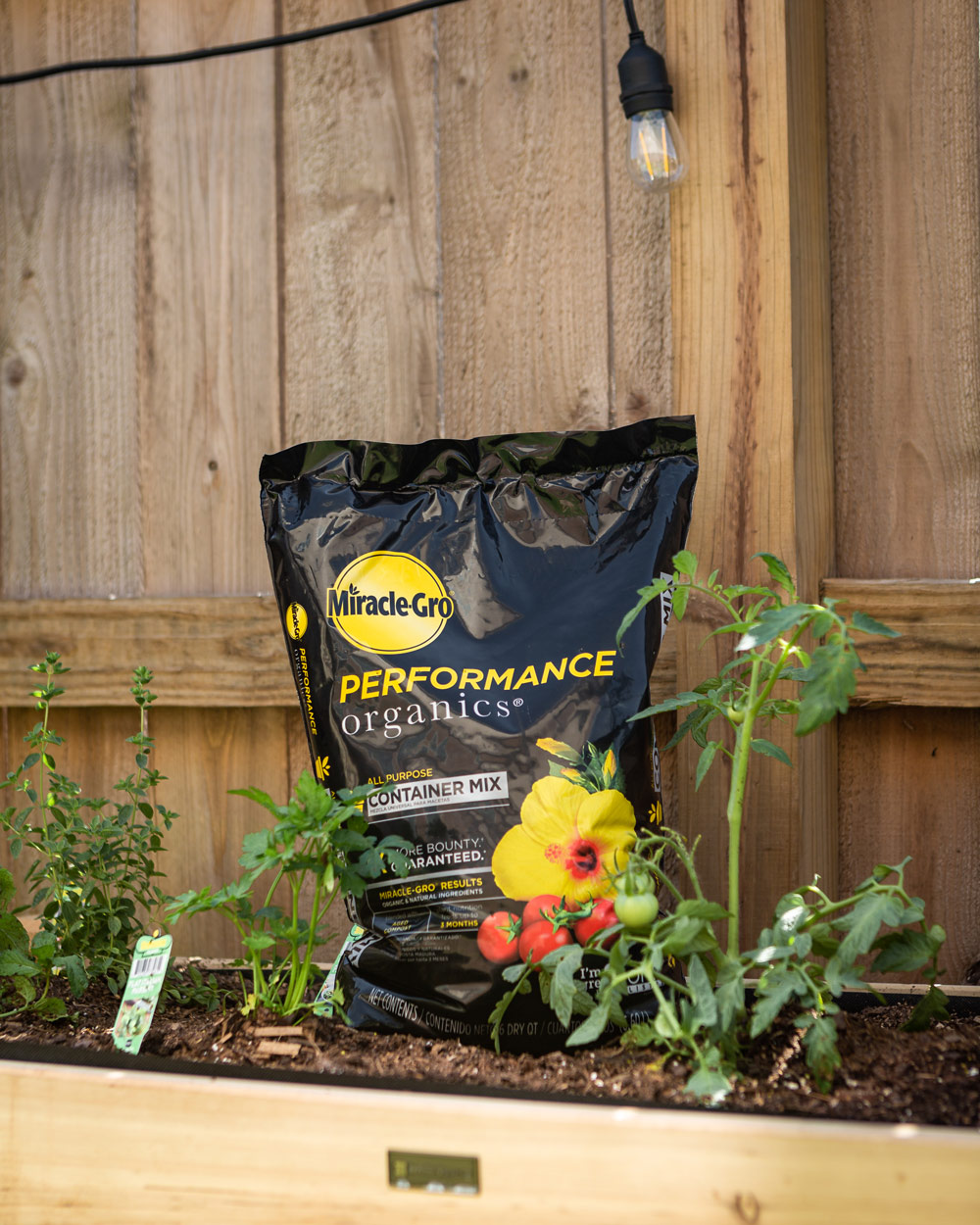 Bag of Miracle-Gro soil mix in a garden bed.