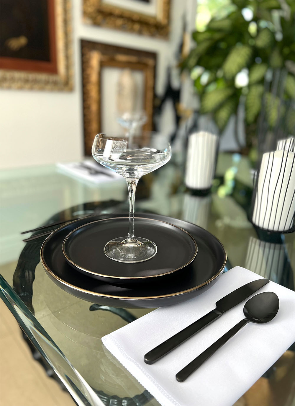 Dishware set on dining room table.