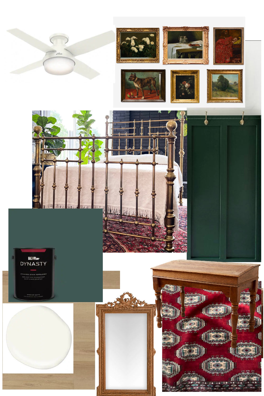 A mood board of a room including paint, bed frame, picture frames, mirror, ceiling fan and table.