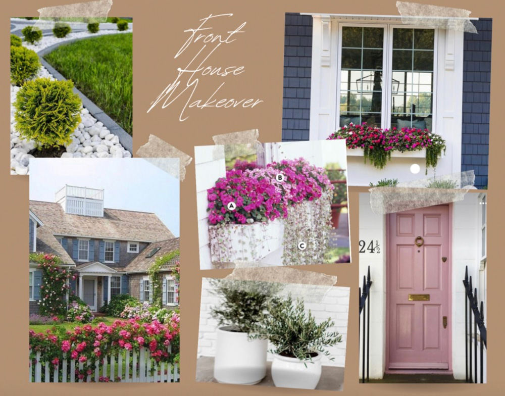 Moodboard with six images collaged onto a tan background featuring a pink front door and cottage core decor.