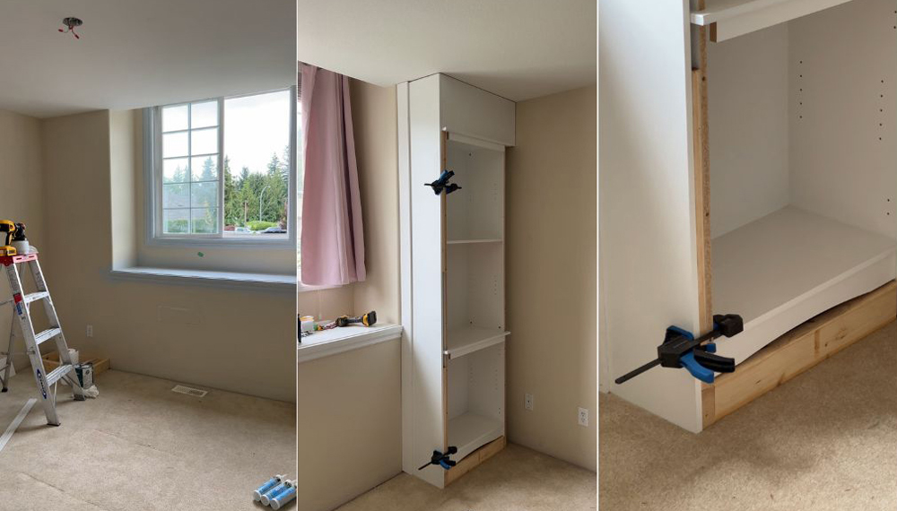 3 photos of the process of installing a book case. 3 photos of the process of installing a book case.