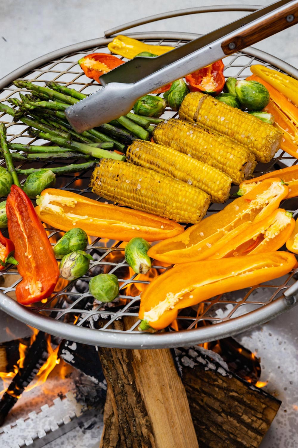 An assortment of vegetables roasting over an outpost grill.