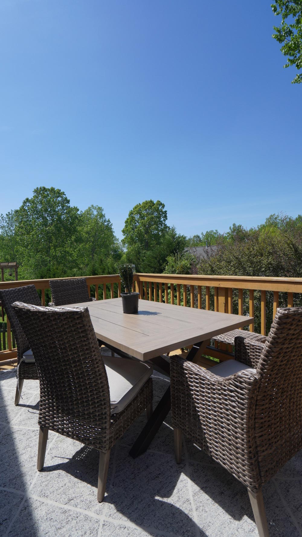 Right-angled view of a patio set, blue sky, and trees in the background. 