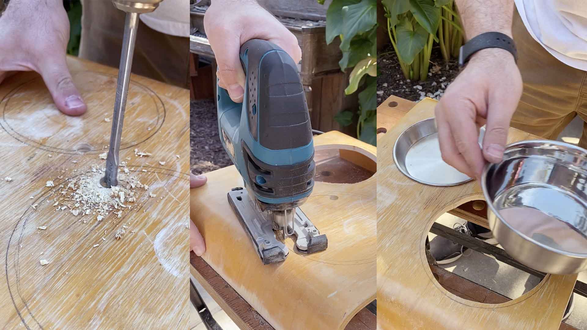 drilling holes in the table ends for water bowls