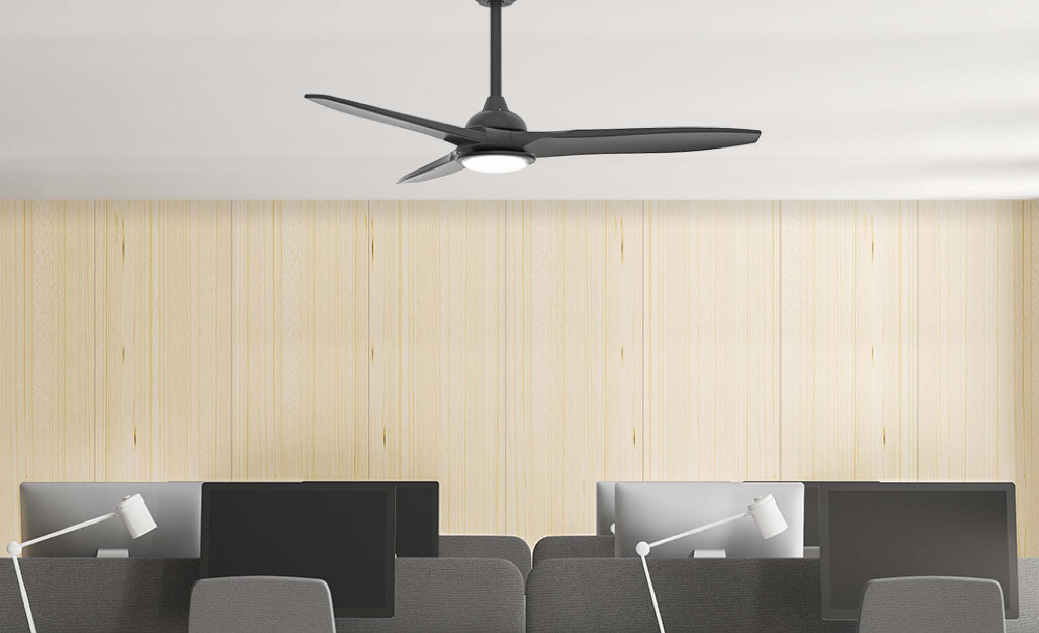 A smart ceiling fan with a light in an office.